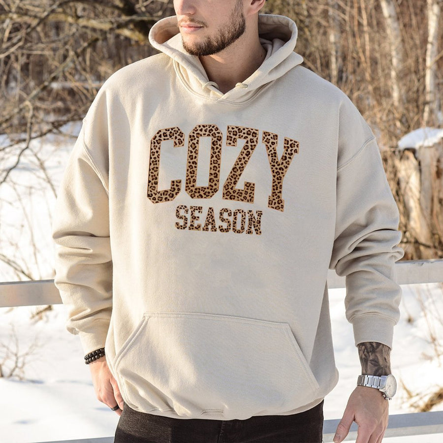 Cozy Season Hoodie | Leopard Print Graphic Text | Premium Cotton-Polyester Blend | Trendy Fall Aesthetic Gift for Women