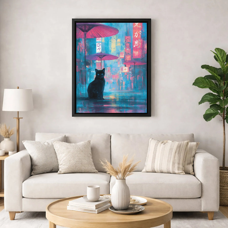 Cyberpunk Black Cat Canvas Wall Art | Rainy Japanese Street Neon Decor | Premium Gallery Wrap Print | Unique Gift for Anime Fans