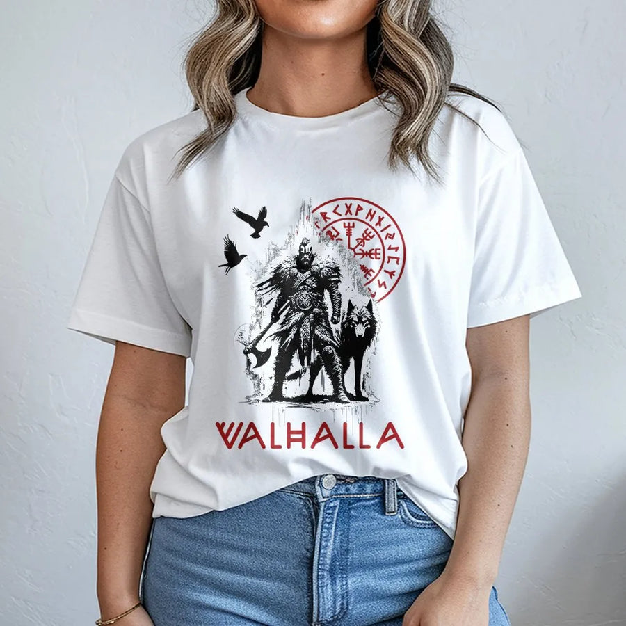 Viking Valhalla T-Shirt | Norse Compass, Wolf & Raven Graphic | Premium Cotton Blend Pullover | Gift for Men, Nordic Mythology Apparel