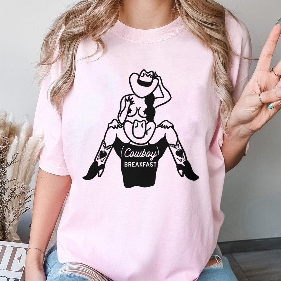 Cowboy Breakfast T-Shirt | Retro Cowgirl Pinup Graphic Tee | Premium 100% Cotton Apparel | Funny Western Rodeo Gift for Him or Her