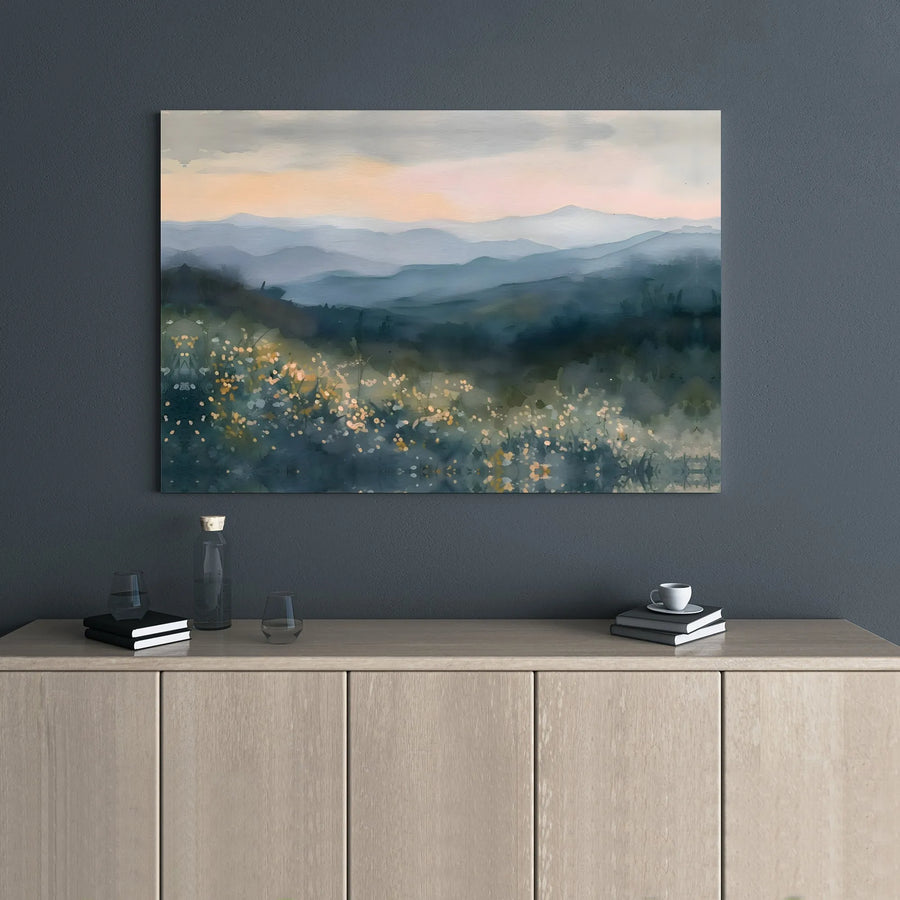 Misty Mountain Landscape Canvas Print | Watercolor Wildflower Meadow Art | 1.25-Inch Gallery Wrap | Serene Nature Wall Decor for Living Room