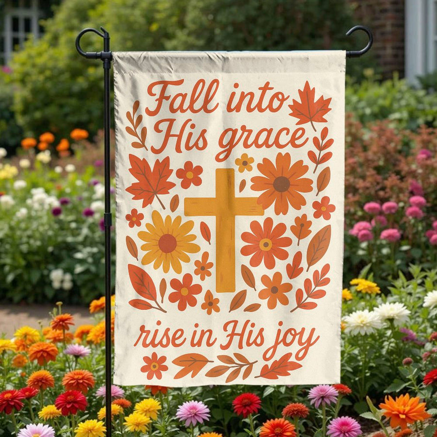 Fall Into His Grace Garden Flag | Autumn Christian Cross Yard Decor | Weather-Resistant Polyester | Faith-Based Seasonal Home Gift
