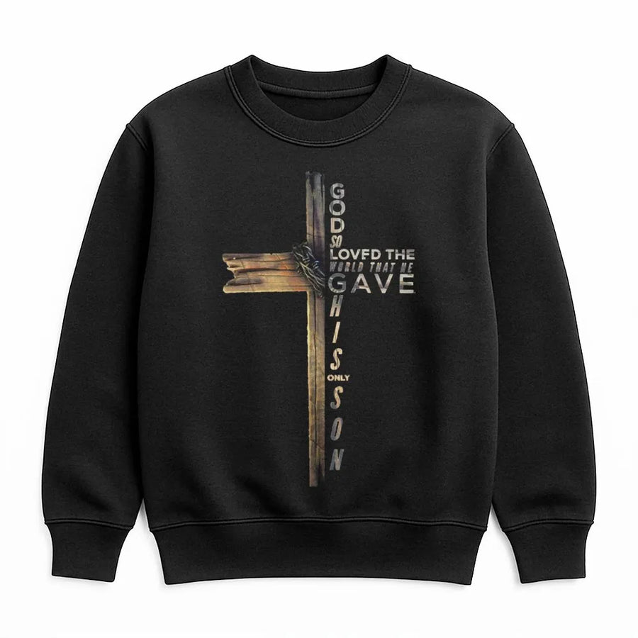 John 3:16 Cross Sweatshirt | Rustic Wooden Crucifix Graphic | Premium Cotton Blend | Christian Faith Gift for Men and Women