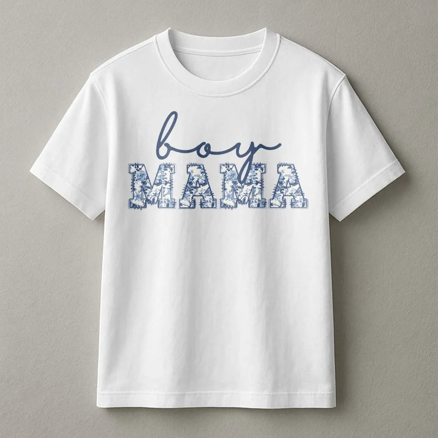 Boy Mama T-Shirt | Blue Toile Floral Lettering | Premium Soft Cotton | Gender Reveal Shirt for New Mom Baby Shower Gift