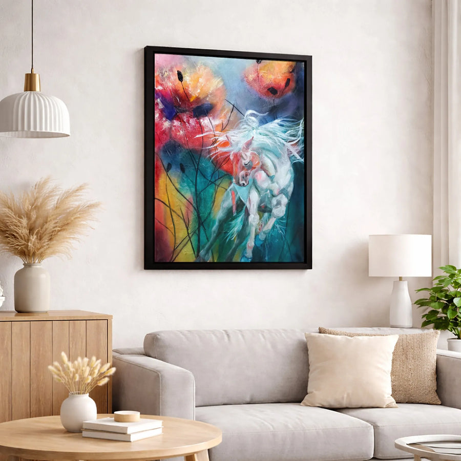 Running White Horse Canvas Print | Abstract Floral Wall Art | 1.25 Inch Gallery Wrap | Modern Home Decor Gift