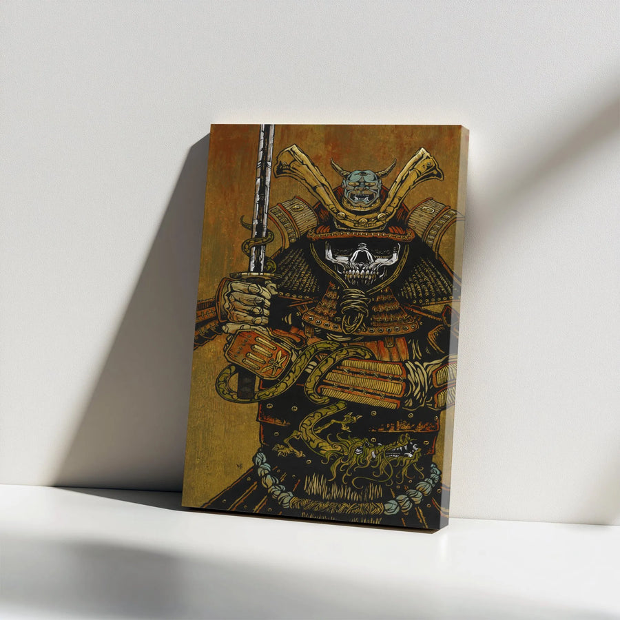 Samurai Skull Canvas Wall Art | Japanese Skeleton Warrior with Oni Mask | Premium Gallery Wrapped Canvas | Collector's Gift for Martial Arts Fan