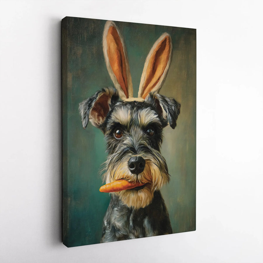 Funny Schnauzer Canvas Print | Dog Wearing Bunny Ears Vintage Portrait | Premium 1.25" Thick Gallery Wrap | Easter Decor Gift for Dog Lover