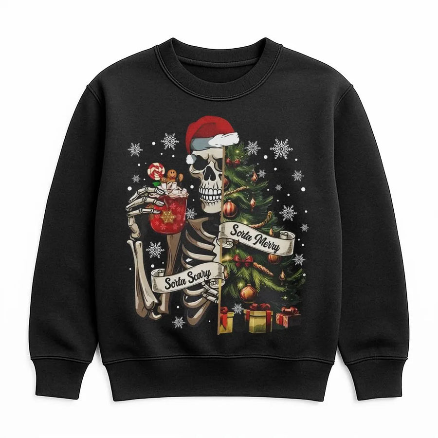 Sorta Merry Sorta Scary Sweatshirt | Skeleton Christmas Tree Graphic | Premium Cotton Blend | Funny Spooky Holiday Gift for Women and Men