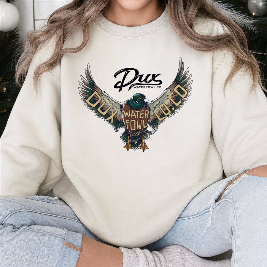 Dux Waterfowl Duck Hunting Sweatshirt | Mallard Wing Graphic Design | Premium Cotton-Poly Blend | Outdoor Country Lifestyle Apparel Gift