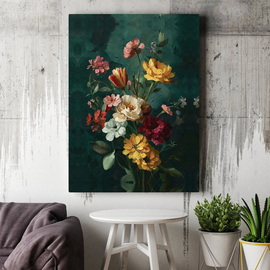 Vintage Floral Bouquet Canvas Print | Moody Botanical Oil Painting Wall Art | Premium Gallery Wrapped | Fine Art Decor for Living Room