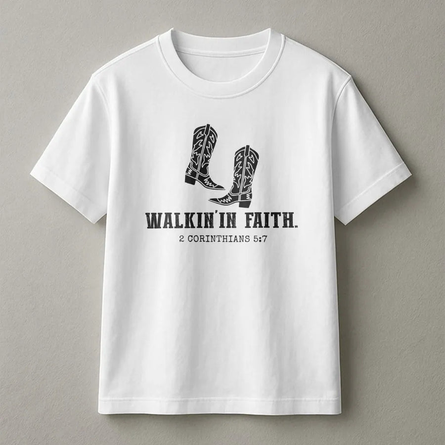 Christian Western T-Shirt | Walkin' In Faith Cowboy Boots Graphic | Soft Cotton Blend | Religious Faith Based Gift for Women