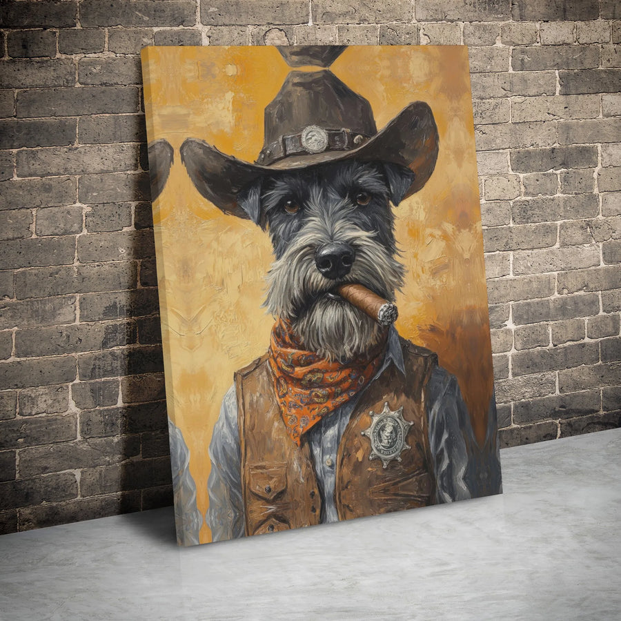 Schnauzer Cowboy Wall Art | Sheriff Dog Smoking Cigar Print | Premium Gallery Wrap Canvas | Unique Western Home Office Decor Gift