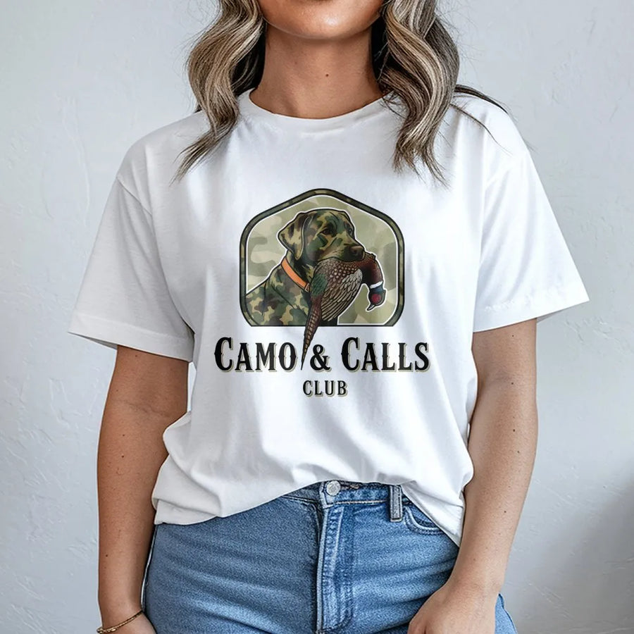 Pheasant Hunting T-Shirt | Camo Labrador Retriever Graphic | Premium 100% Cotton | Gift For Upland Bird Hunter And Dog Lover