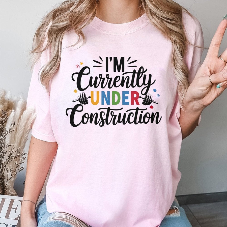 I'm Currently Under Construction Gym T-Shirt | Weightlifting Barbell Graphic Print | 100% Cotton Premium Tee | Funny Workout Gift for Fitness Lovers