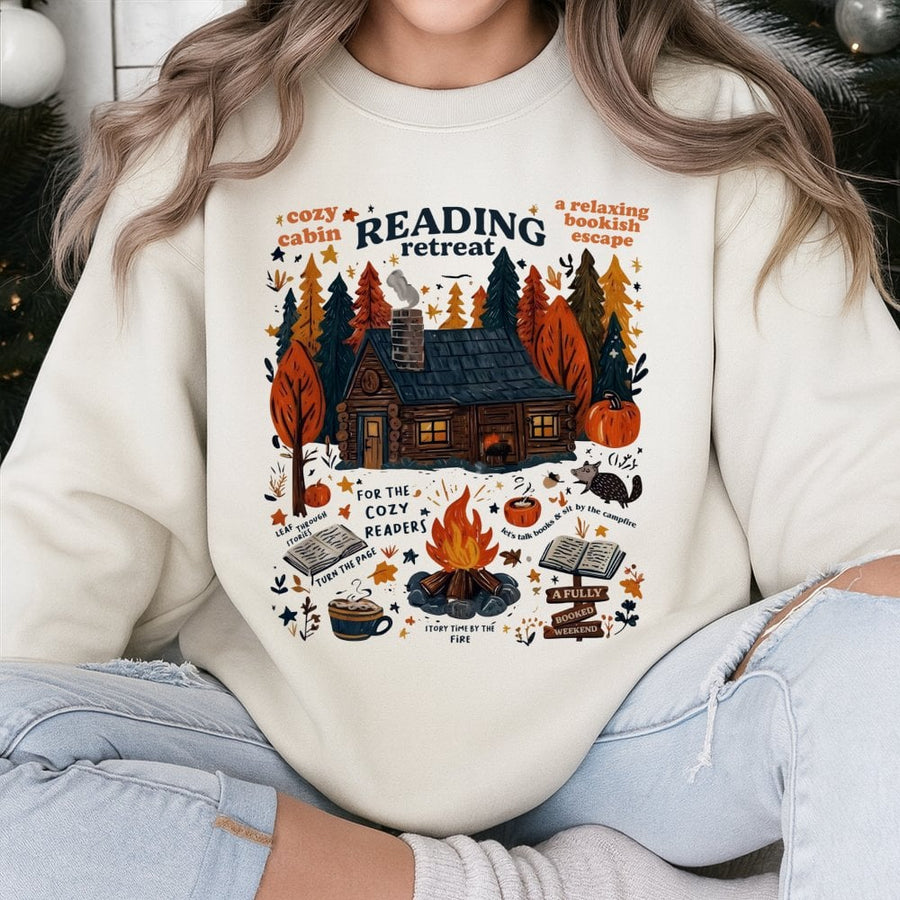 Cozy Cabin Reading Sweatshirt | Fall Aesthetic Bookish Graphic Print | Soft Cotton Blend Crewneck | Gift for Readers and Book Lovers