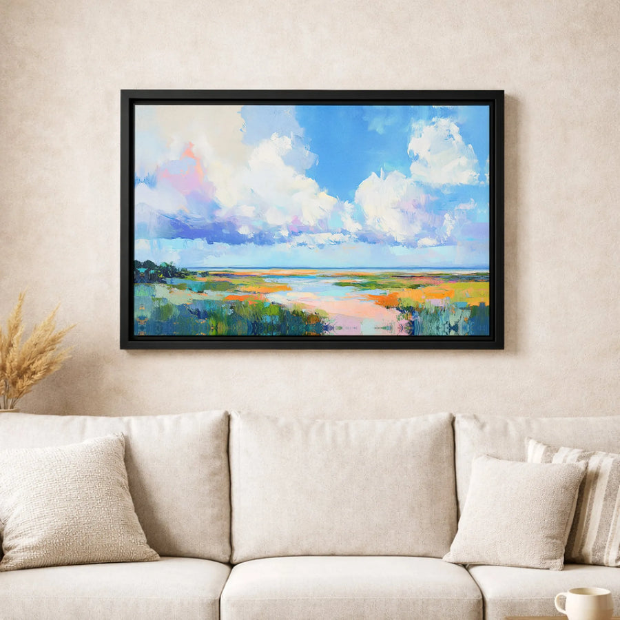 Abstract Coastal Marsh Landscape Canvas | Impressionist Blue Sky Wall Art | 1.25-Inch Gallery Wrap | Modern Home Decor Statement Gift
