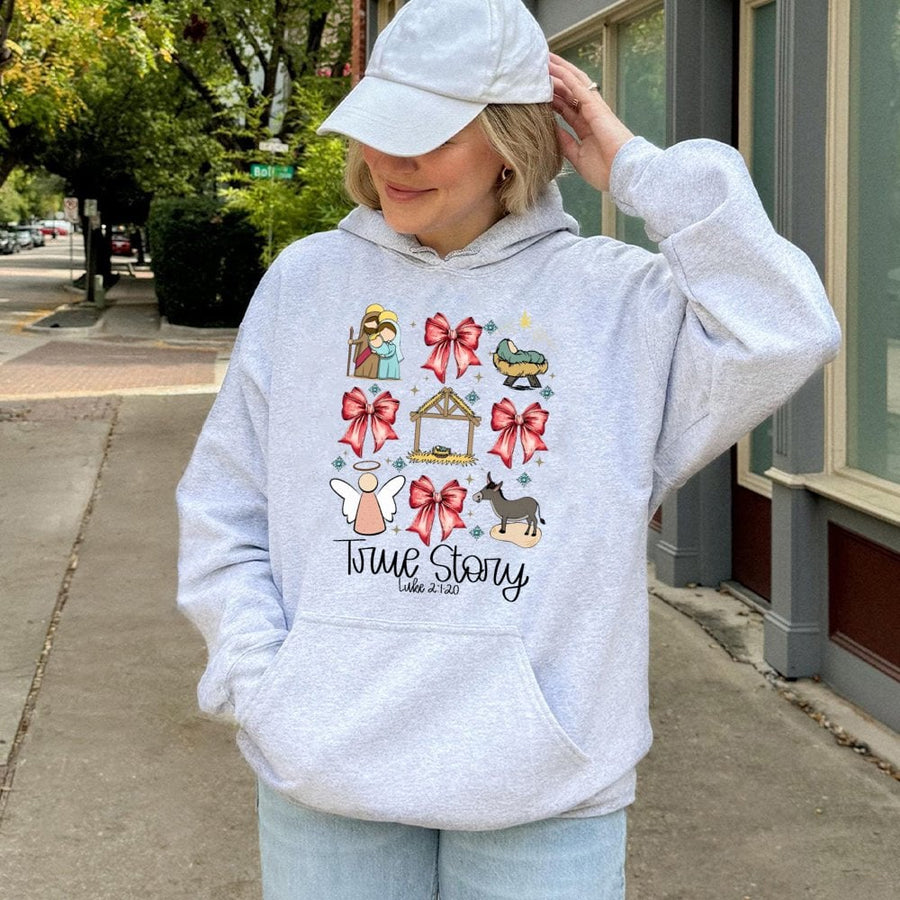 True Story Christmas Hoodie | Nativity Scene Coquette Aesthetic | Premium Cotton-Blend Sweatshirt | Faith-Based Religious Holiday Gift For Her