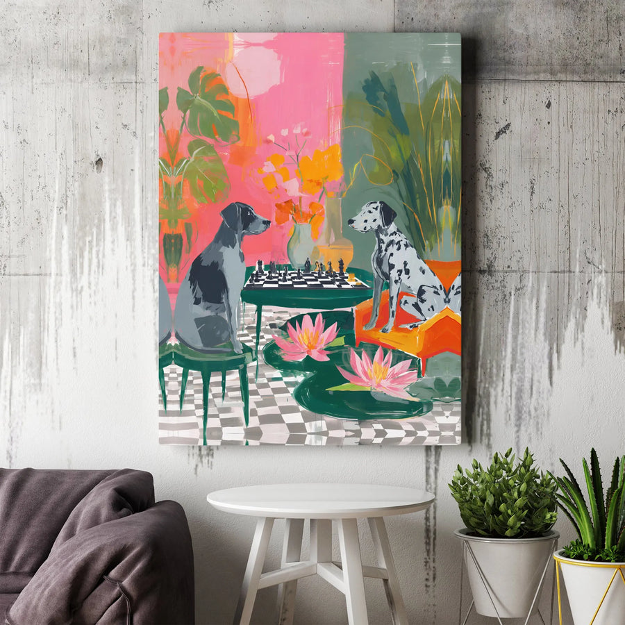 Dogs Playing Chess Canvas Print | Whimsical Dalmatian and Pointer Art | Premium Gallery-Wrapped Wall Decor | Unique Gift for Dog Lovers