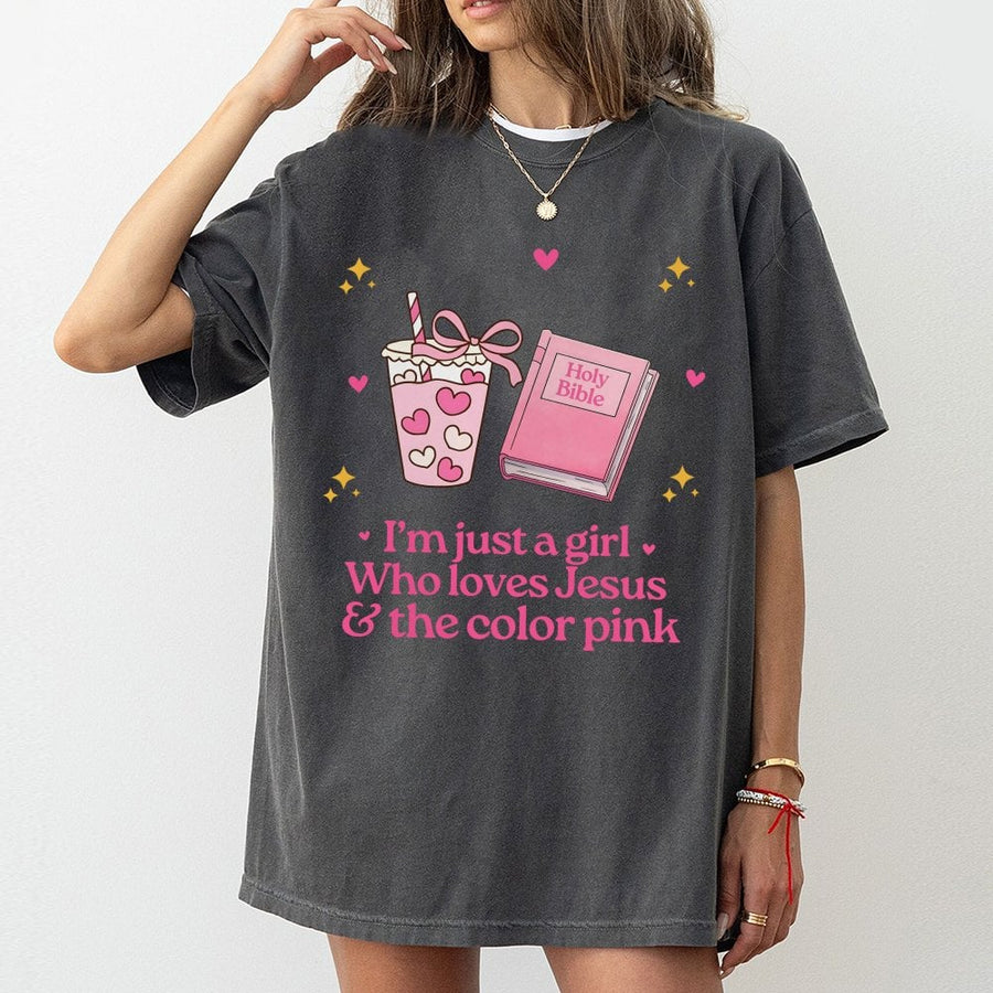 I'm Just A Girl Who Loves Jesus And Pink T-Shirt | Christian Aesthetic Faith Tee | Premium 100% Cotton | Cute Religious Gift For Her