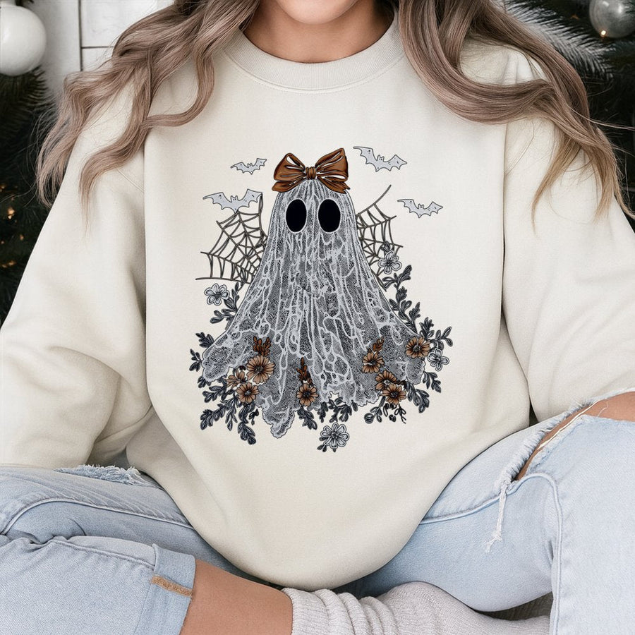 Lace Ghost Sweatshirt | Cute Bow Halloween Graphic Design | Premium Cotton Blend | Aesthetic Spooky Fall Gift for Women & Girls