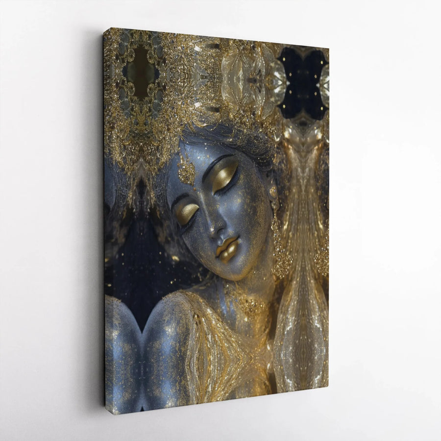 Goddess Portrait Wall Art | Abstract Blue and Gold Glitter Canvas | Gallery-Quality Fade-Resistant Print | Elegant Home Decor Gift