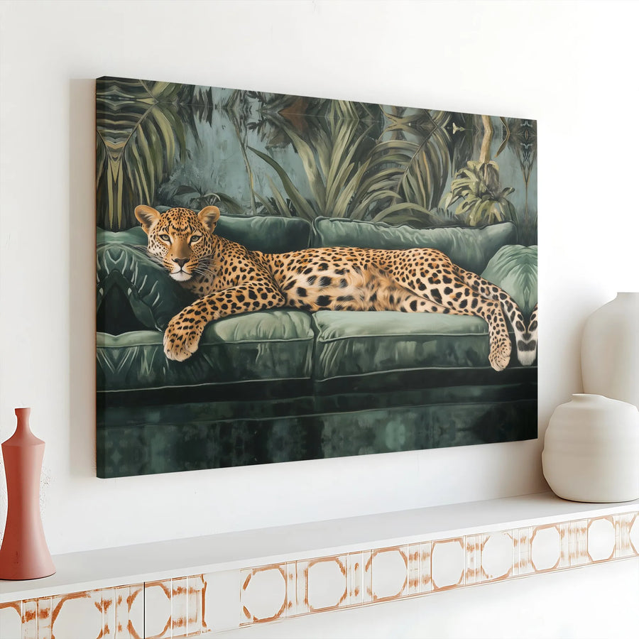 Leopard Wall Art Canvas | Tropical Jungle Animal Decor | Gallery Wrapped Premium Print | Boho Living Room Statement Piece