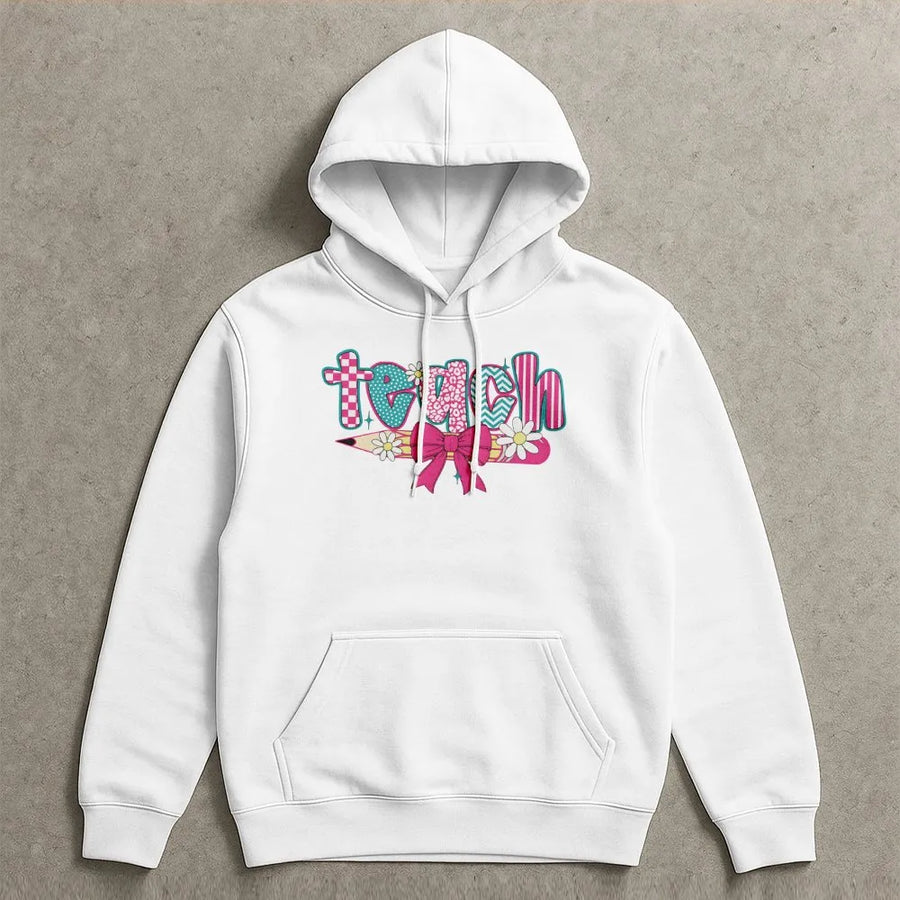 Coquette Teacher Hoodie | Retro Floral Pencil & Teach Graphic | Soft Cotton Tee | Teacher Appreciation Gift for Her