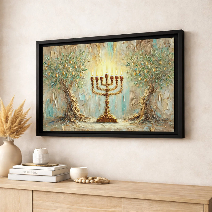 Menorah Canvas Wall Art | Golden Olive Tree Textured Painting | Premium Gallery Wrap Print | Jewish Home Decor Gift for Hanukkah