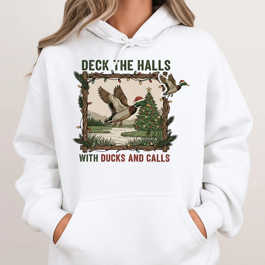 Duck Hunting Christmas Hoodie | Deck The Halls With Ducks And Calls Design | Premium Unisex Pullover | Funny Hunter Gift For Christmas
