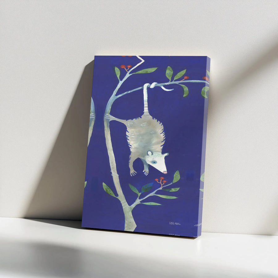 Opossum Wall Art Canvas | Hanging Possum with Red Berries Illustration | Premium Gallery Wrap Decor | Nature Wildlife Animal Gift for Home Office