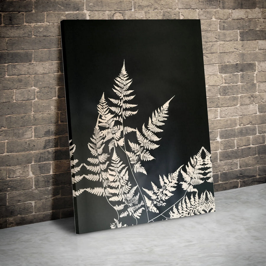 Botanical Fern Wall Art | Minimalist White Leaf Print on Black | 1.25-Inch Gallery Wrapped Canvas | Modern Nature Home Decor Gift