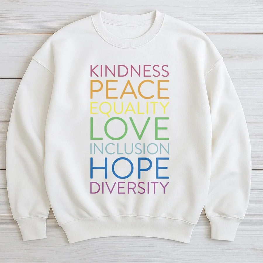 Kindness Equality Sweatshirt | Rainbow Typography Graphic Tee | Premium Cotton Blend | Gift for Social Justice Advocate and Pride Month
