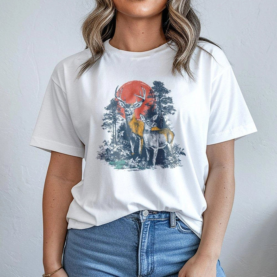Deer Hunting T-Shirt | Vintage Forest Sunset Graphic Tee | Premium 100% Cotton | Nature Lover Wildlife Gift for Men and Women