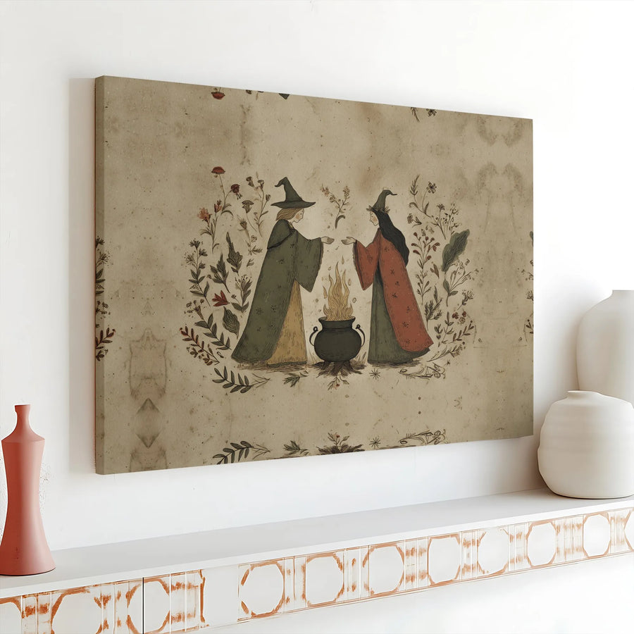 Vintage Witch Coven Canvas Print | Botanical Witches & Cauldron Illustration | Premium Gallery Wrap | Cottagecore Home Decor Gift