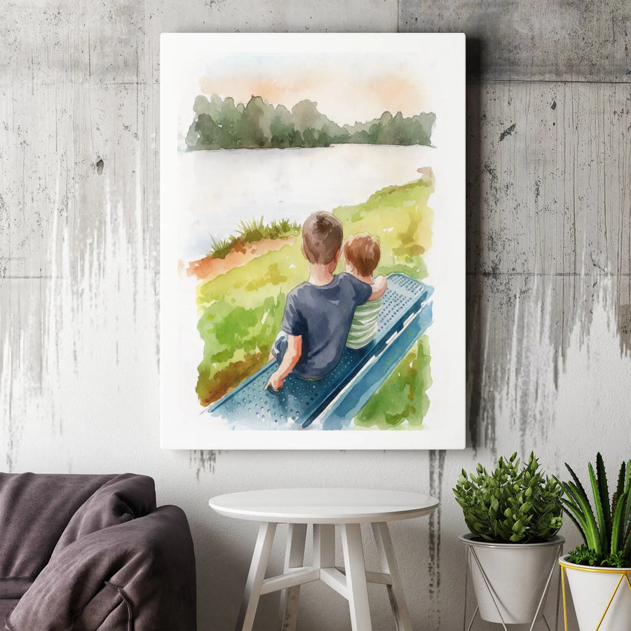 Brothers Wall Art | Watercolor Painting of Two Boys Sitting by a Lake | Premium 1.25 Inch Gallery Canvas | Sentimental Family Gift