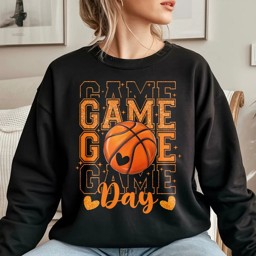 Game Day Basketball Sweatshirt | Glitter Heart Graphic Print | Premium Cotton Blend | Gift For Basketball Mom Or Sports Fan