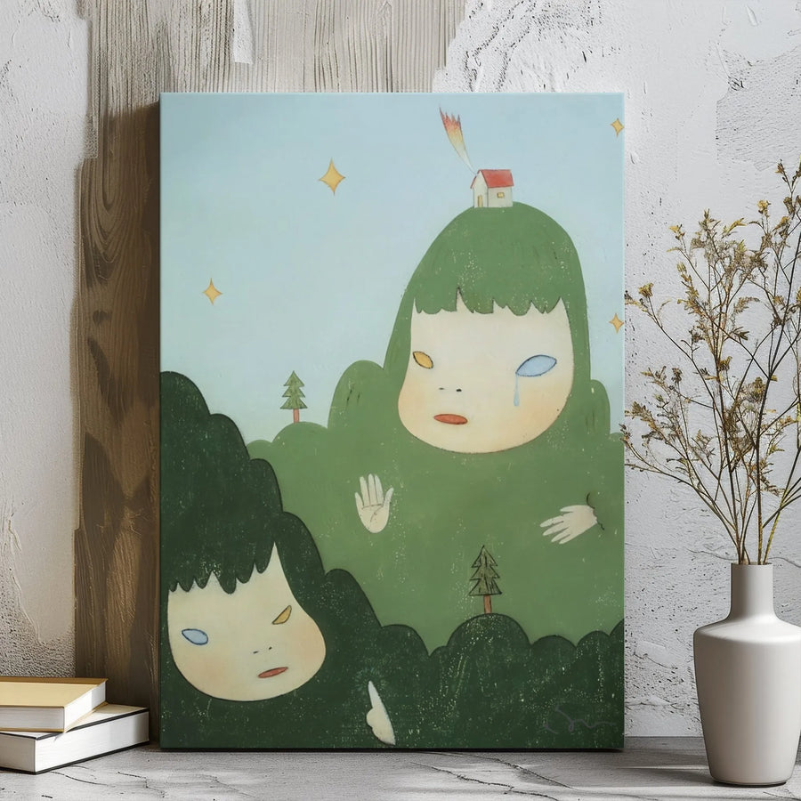 Surreal Landscape Canvas Wall Art | Whimsical Crying Child & Forest House Illustration | Premium Gallery Wrap Print | Modern Home & Office Decor Gift