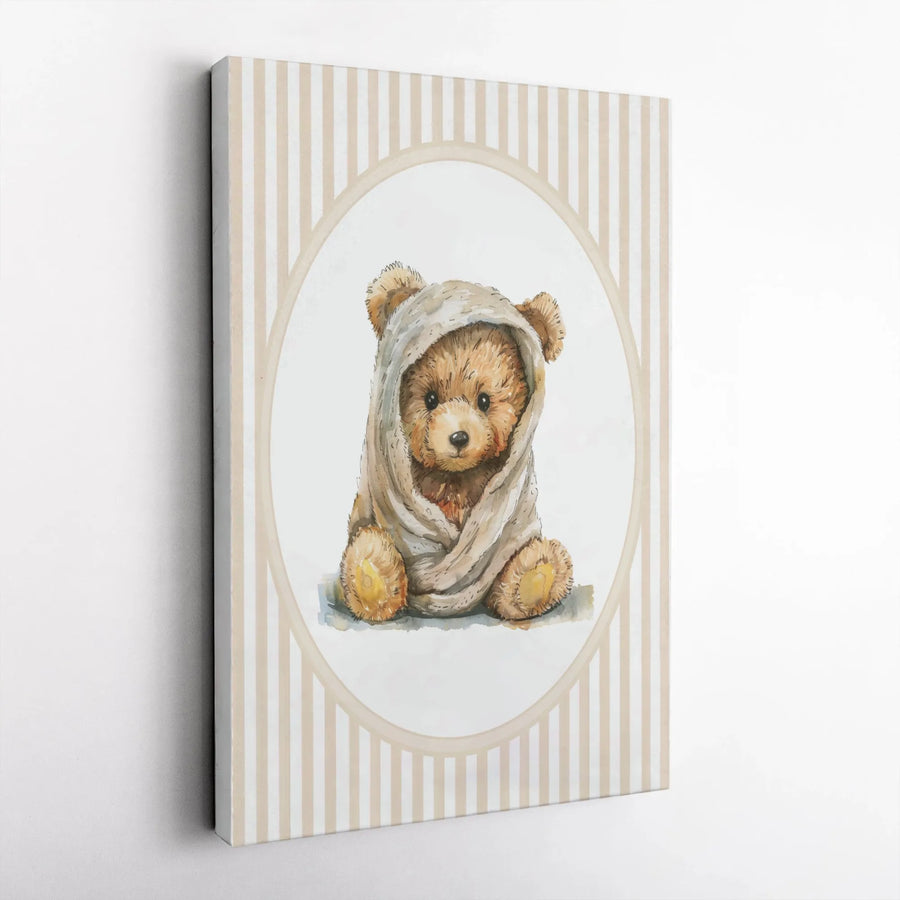 Cute Teddy Bear Canvas Wall Art | Watercolor Animal Portrait with Stripes | Premium Gallery Wrapped Canvas | Nursery Decor Baby Shower Gift
