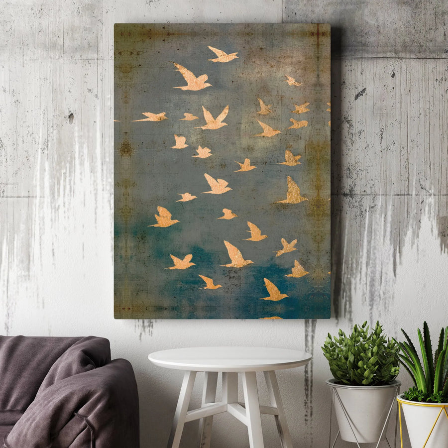 Golden Birds Wall Art | Flock of Birds Canvas Print | Premium Rustic Blue Home Decor | Abstract Nature Gallery Wrap Gift