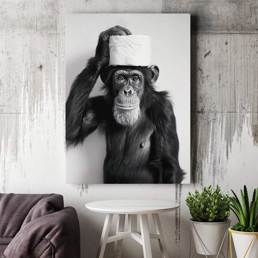 Chimpanzee Toilet Paper Wall Art | Funny Monkey Black and White Portrait | Gallery-Quality 1.25 Inch Canvas | Quirky Bathroom Decor Gift
