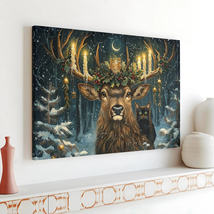 Christmas Deer Wall Art | Snowy Forest Black Cat & Candle Antler Decor | Premium Gallery Wrapped Canvas | Whimsical Winter Holiday Gift