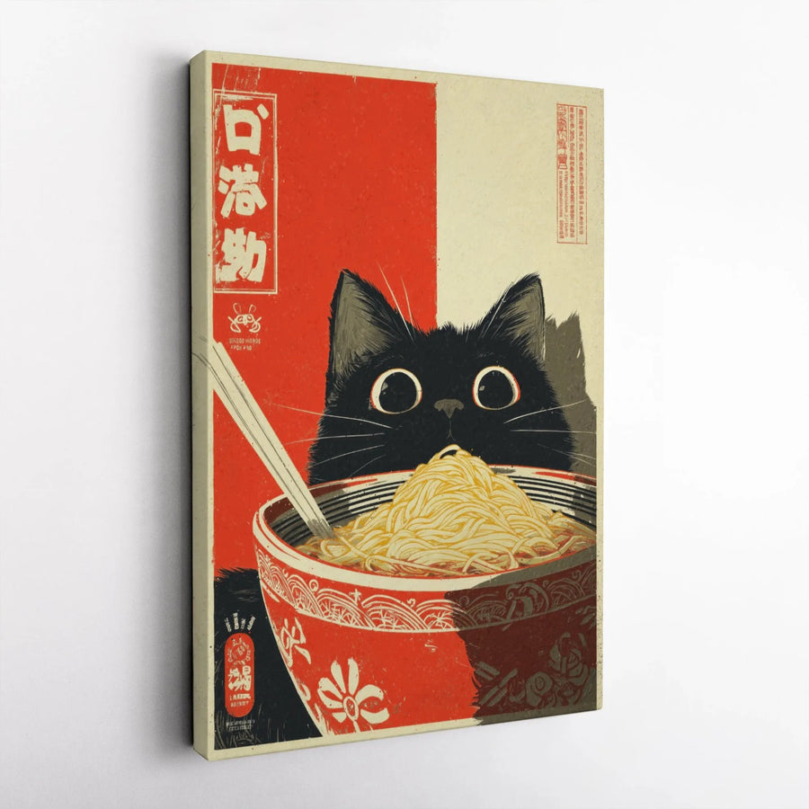 Black Cat Ramen Canvas Print | Vintage Japanese Art Style | 1.25 Inch Gallery Wrap Wall Decor | Cute Kitchen Aesthetic Gift for Cat Lovers