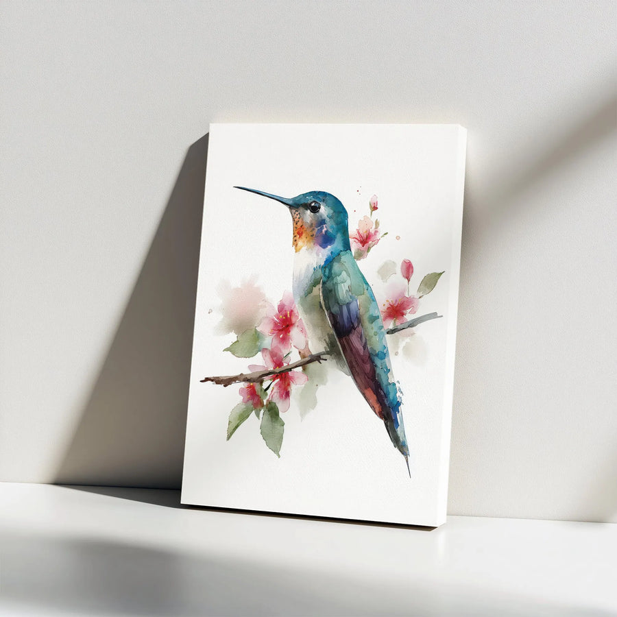 Hummingbird Canvas Wall Art | Watercolor Bird Painting with Cherry Blossoms | Premium Gallery Wrapped Canvas | Nature Inspired Home Decor Gift