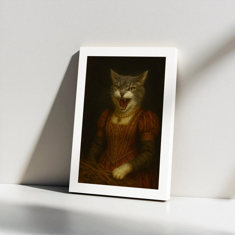 Renaissance Cat Portrait Canvas | Hissing Tabby Royal Queen Art | Premium Gallery Wrap Wall Decor | Whimsical Animal Lover Gift for Home