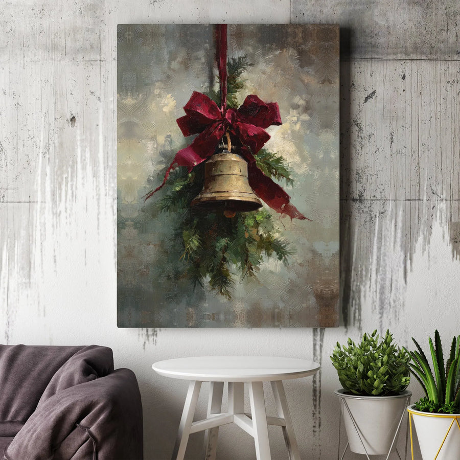 Vintage Christmas Bell Wall Art | Oil Painting Style Pine Bough Decor | Premium Gallery Wrapped Canvas | Festive Holiday Home Interior Gift