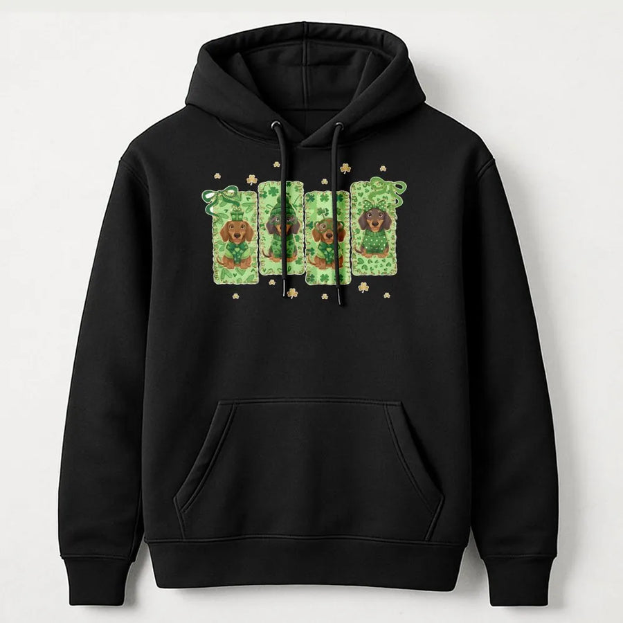 Dachshund St Patrick's Day Hoodie | Cute Lucky Shamrock Sausage Dog Graphic | Premium Cotton Blend Unisex Sweatshirt | Gift For Dog Lovers