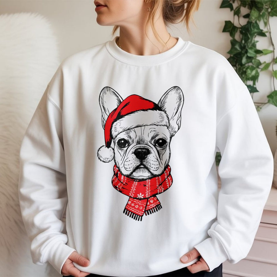 Frenchie Christmas Sweatshirt | Cute French Bulldog in Santa Hat | Premium Cotton Blend Holiday Pullover | Gift for Dog Lovers