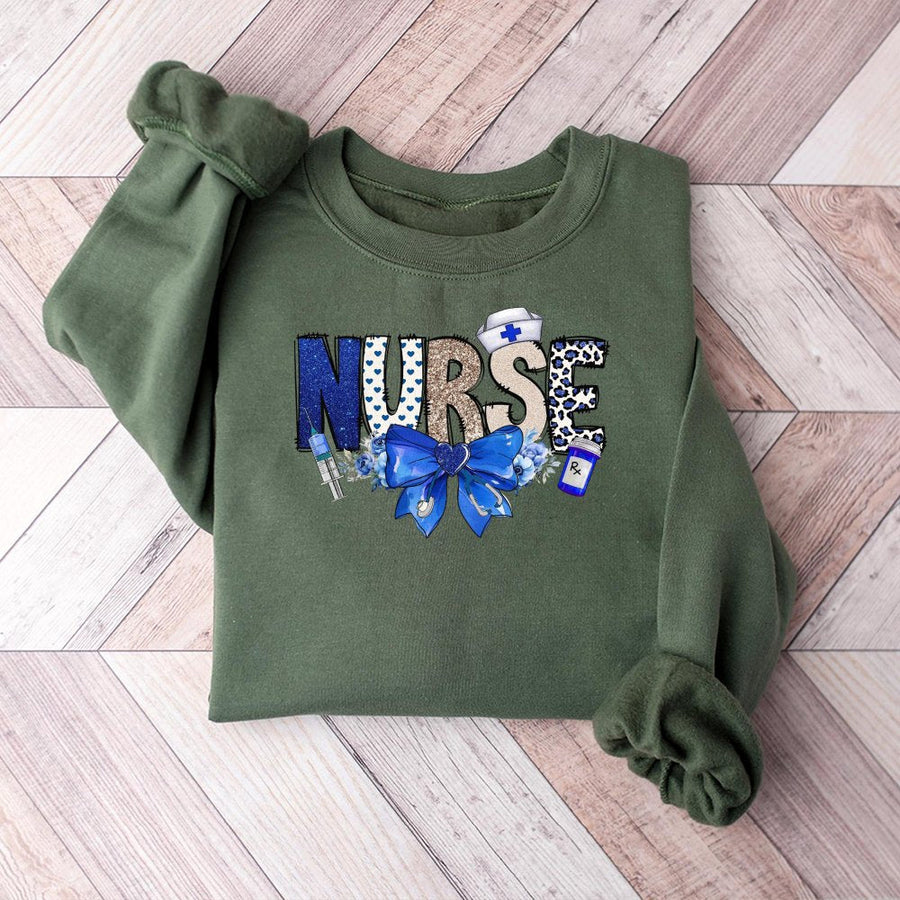 Nurse Sweatshirt | Blue Coquette Floral Nursing Gift | Soft Cotton Blend Crewneck | Cute Medical Student Apparel for Women