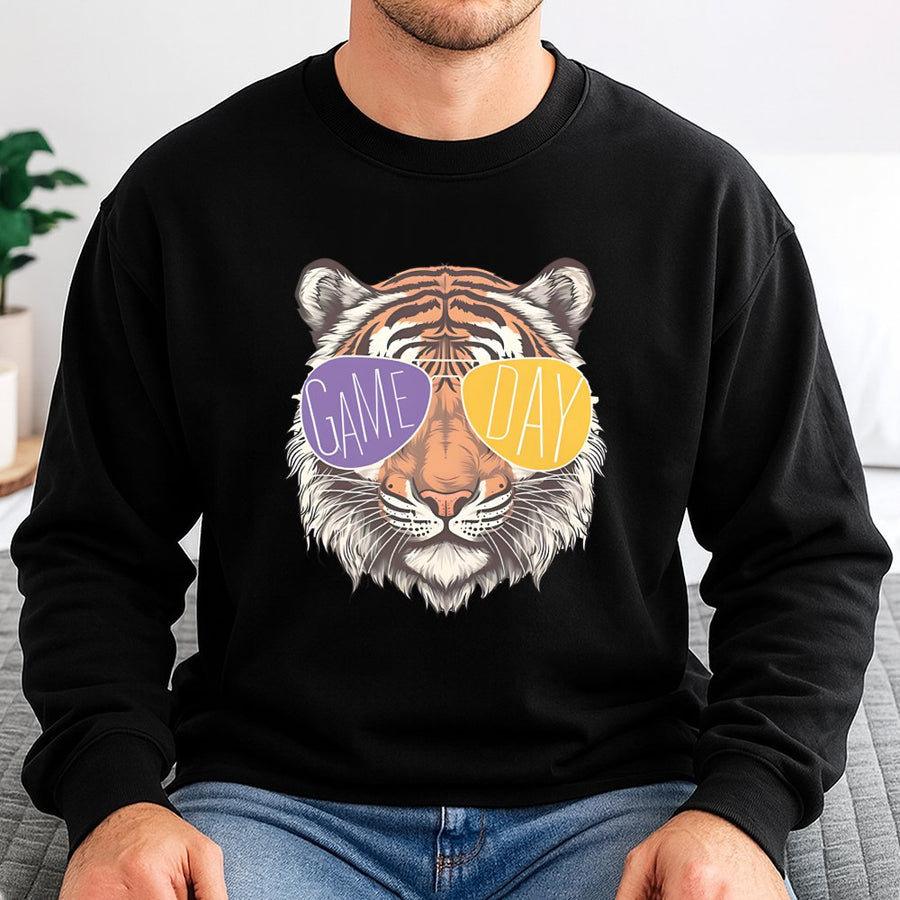 Game Day Tiger Sweatshirt | Retro Purple and Gold Shades Design | Premium Cotton Polyester Blend | Unisex Football Fan Gift for College Students