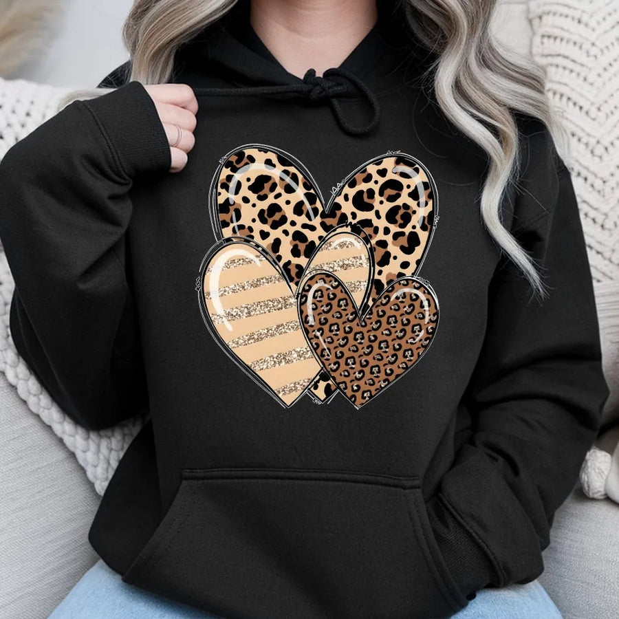 Leopard Print Heart Hoodie | Valentine's Day Graphic Pullover | Premium Cotton Blend | Romantic Gift For Her Or Wife